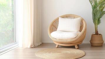 A wicker chair in front of a window with a plant photo