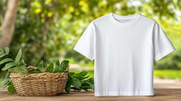 White t - shirt and basket of leaves on wooden table photo