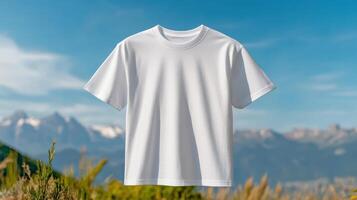 White t - shirt mockup on grassy hillside with mountains in the background photo
