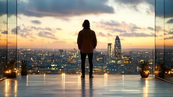 A person standing in front of a window looking out over a city photo
