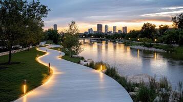A pathway along the river with lights on it photo