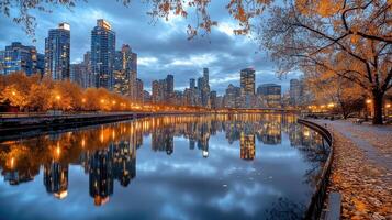 Chicago skyline at dusk with reflections in the water photo