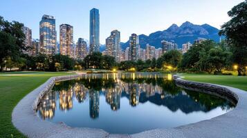 A pond in front of a city skyline at dusk photo