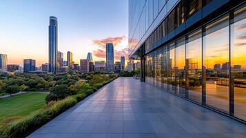 A view of the city skyline from the rooftop of a building photo
