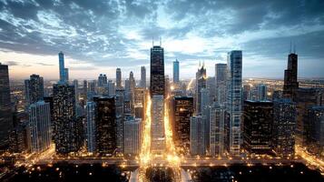 A city skyline at dusk with many tall buildings photo