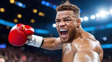 A professional boxer is screaming and holding his fist photo