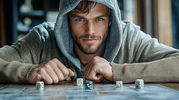 A man in a hoodie is playing dice photo