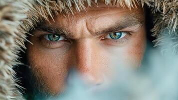 A man with green eyes in a fur coat photo