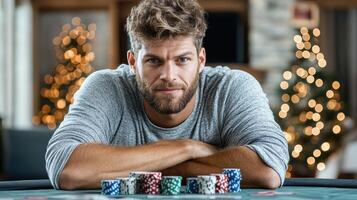 A man sitting at a poker table with chips photo