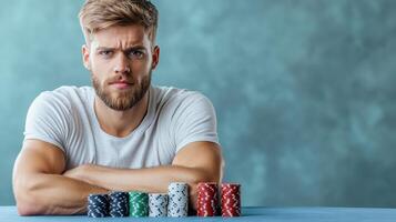 A man with poker chips on a table photo