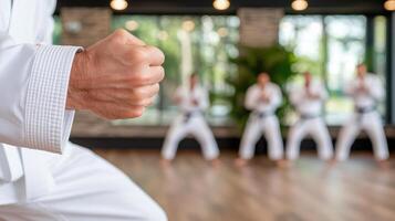 A man in white karate gear is doing a kick photo