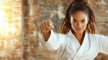 A woman in a karate outfit is posing with her fist photo