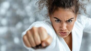 A woman in a white karate outfit is pointing at the camera photo