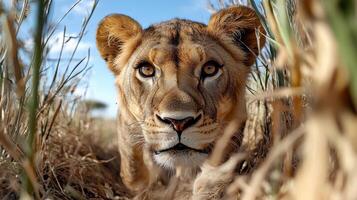 A lion is walking through tall grass photo
