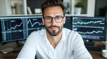 A man in glasses sitting in front of three computer monitors photo