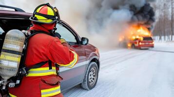 A firefighter standing next to a car with fire coming out of it photo