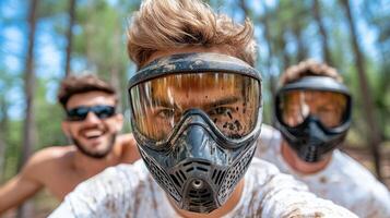 Three men wearing paintball masks and sunglasses photo