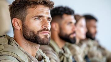 A group of soldiers are sitting in a row photo