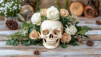 A skull with roses and leaves on a wooden table photo