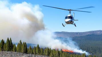 A helicopter flying over a fire with smoke coming out of it photo