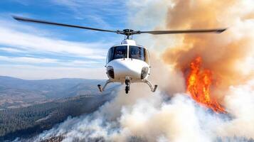 A helicopter flying over a fire with smoke coming out photo