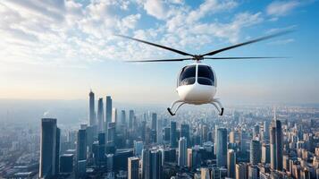 A helicopter flying over a city with skyscrapers in the background photo