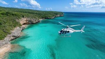 Helicopter flying over the turquoise waters of the caribbean photo