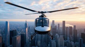 A helicopter flying over a city with a city in the background photo