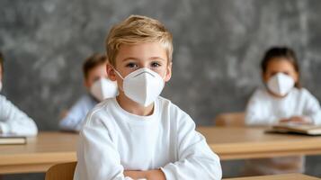A child wearing a mask in a classroom photo
