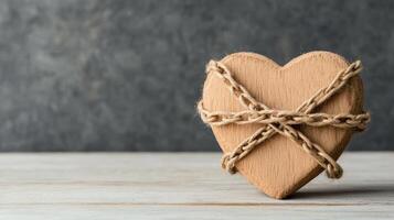 A wooden heart tied with rope on a table photo