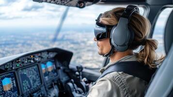 A woman wearing headphones and sitting in the cockpit of a plane photo
