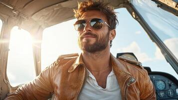 A man in sunglasses and a leather jacket sitting in an airplane photo