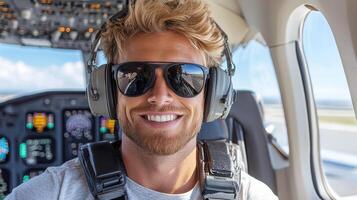 A man wearing sunglasses and a headset is sitting in an airplane photo