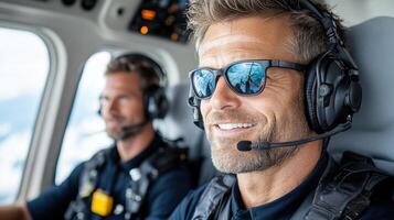 Two pilots in the cockpit of a helicopter photo