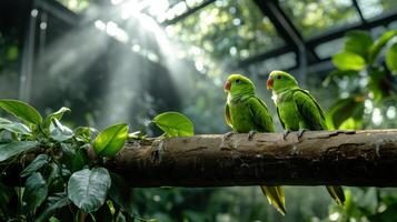 Two green parrots perched on a branch in a tropical environment photo