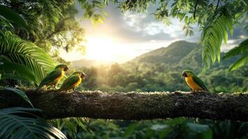 Two parrots sitting on a branch in the jungle photo