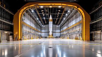 A large yellow rocket sitting in a large hangar photo