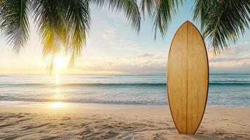 A surfboard is standing on the beach near palm trees photo