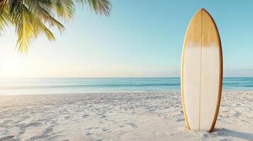 A surfboard is sitting on the beach photo
