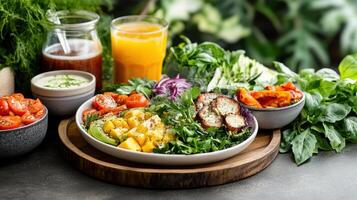 A bowl of salad with vegetables and fruit on a table photo