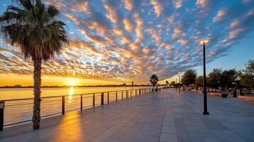 A beautiful sunset over the water with palm trees photo