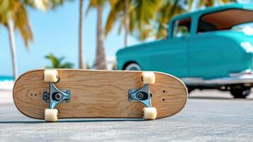 A skateboard on the ground next to a blue car photo