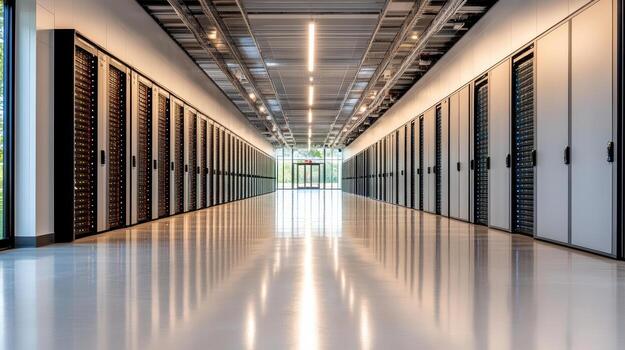 un largo pasillo con muchos filas de servidores foto