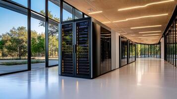 A large server room with windows and a large window photo