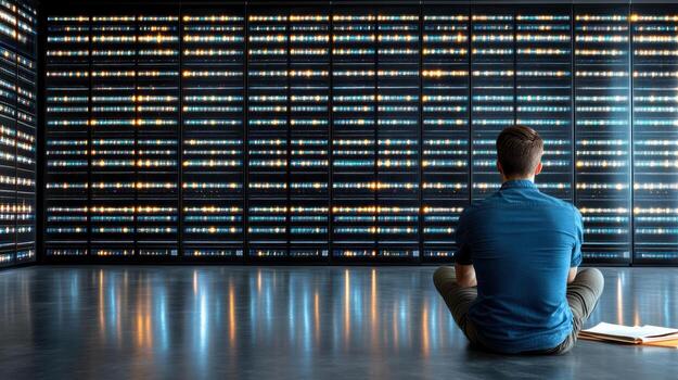 A man sitting in front of a large data storage room photo