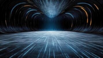 Abstract tunnel with light trails and blue light photo