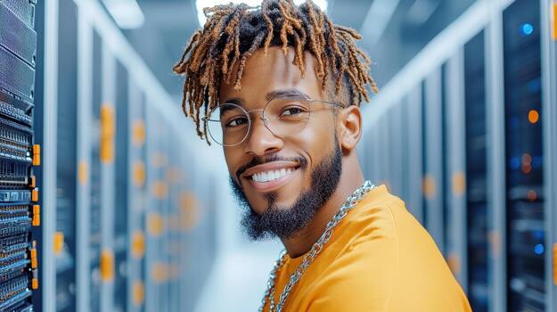 A man with dreadlocks and glasses in a server room photo