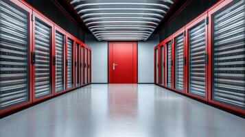 A long hallway with red doors and white walls photo