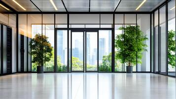 An empty office with large windows and a potted plant photo