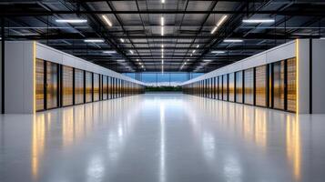 A long hallway with rows of servers in a large building photo
